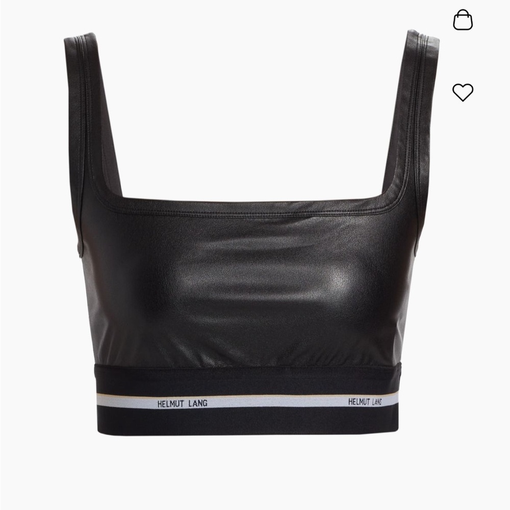 Helmut Lang Black Crop Top Logo Band Faux Leather Cotton Spandex